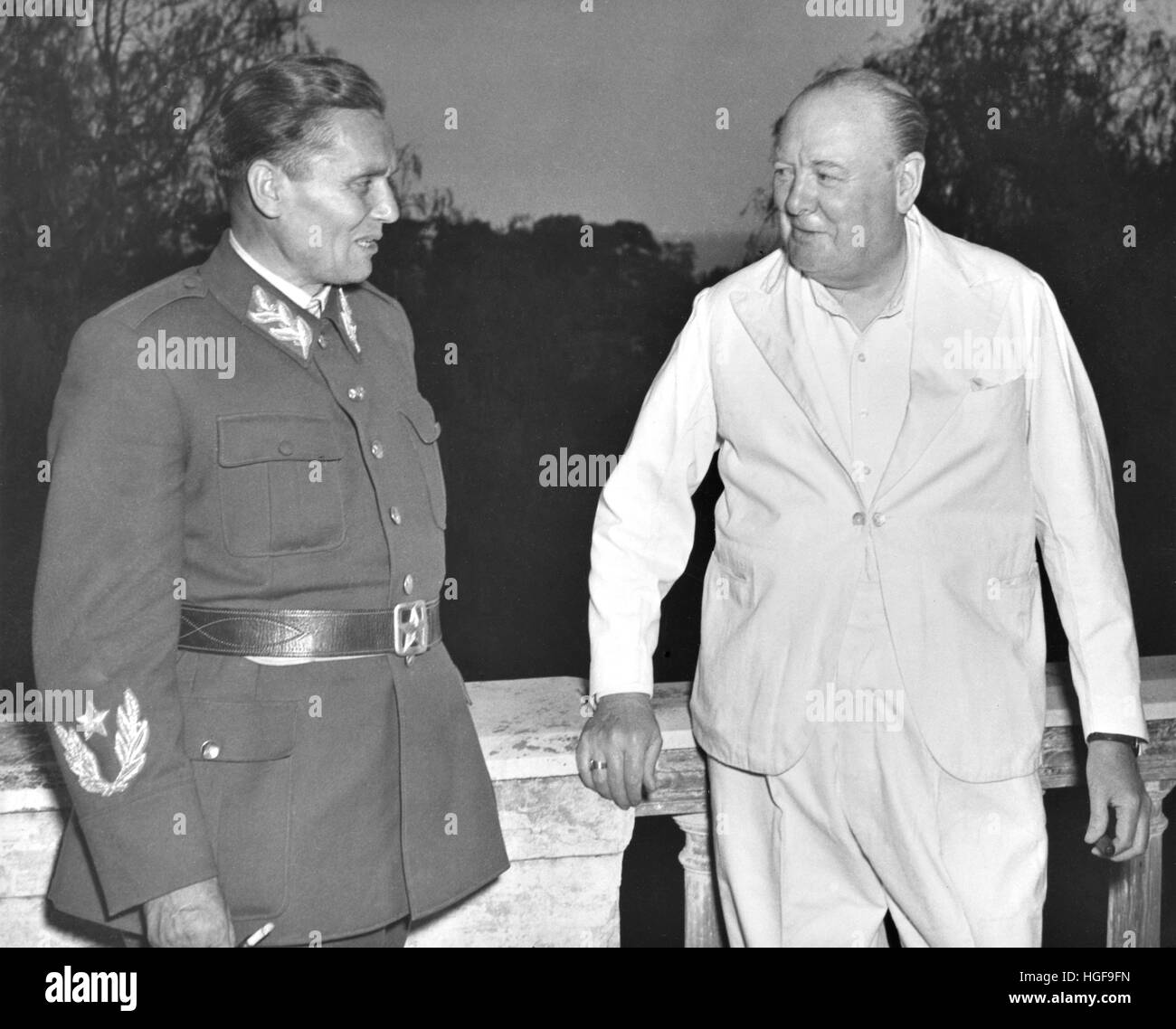 Winston Churchill with Jugoslav Partisans leader, Josip Broz Tito, at Caserta, near Naples.  1944 Stock Photo