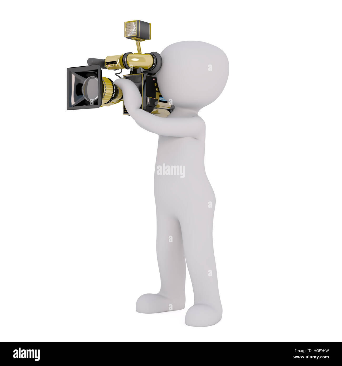 3d Rendering of Cartoon Figure Filming with Motion Picture Camera in front of White Background with Copy Space Stock Photo