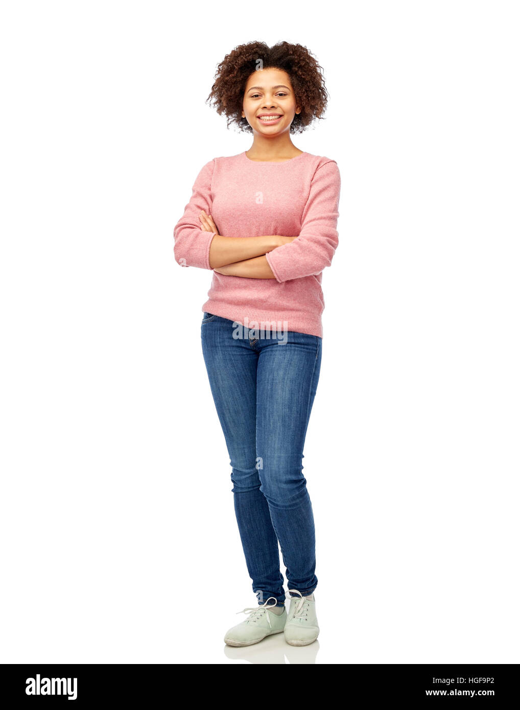 happy african american young woman over white Stock Photo - Alamy