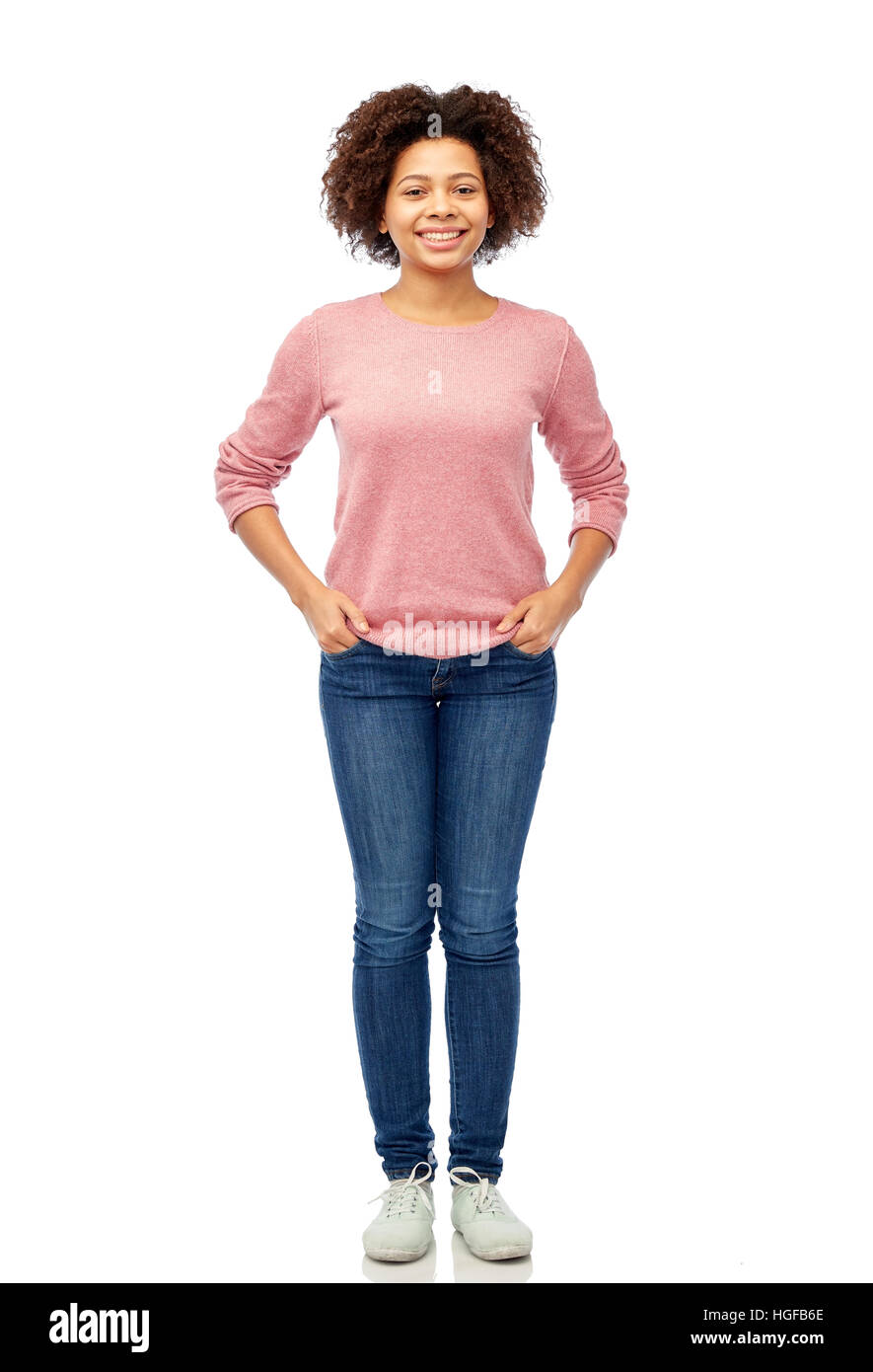 happy african american young woman over white Stock Photo - Alamy