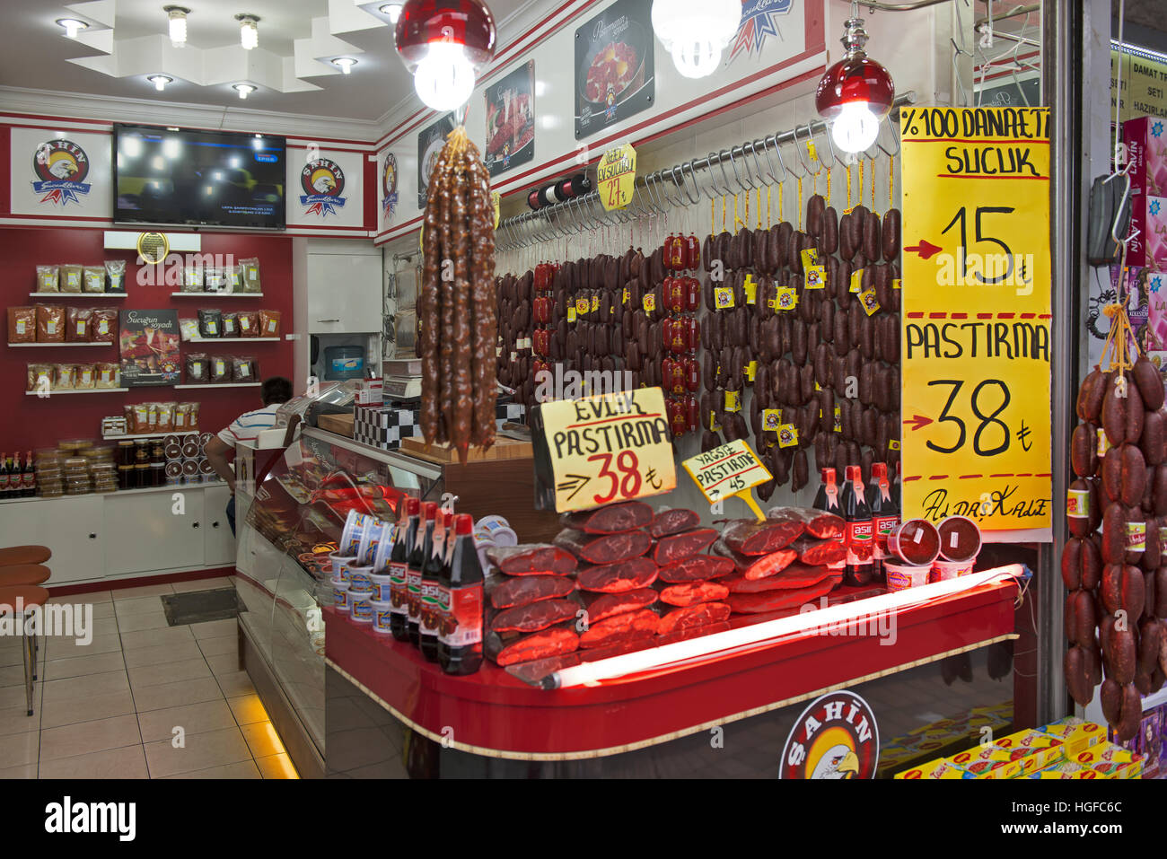 Pastirma, an air-dried cured beef, shop in Kayseri Turkey Stock Photo