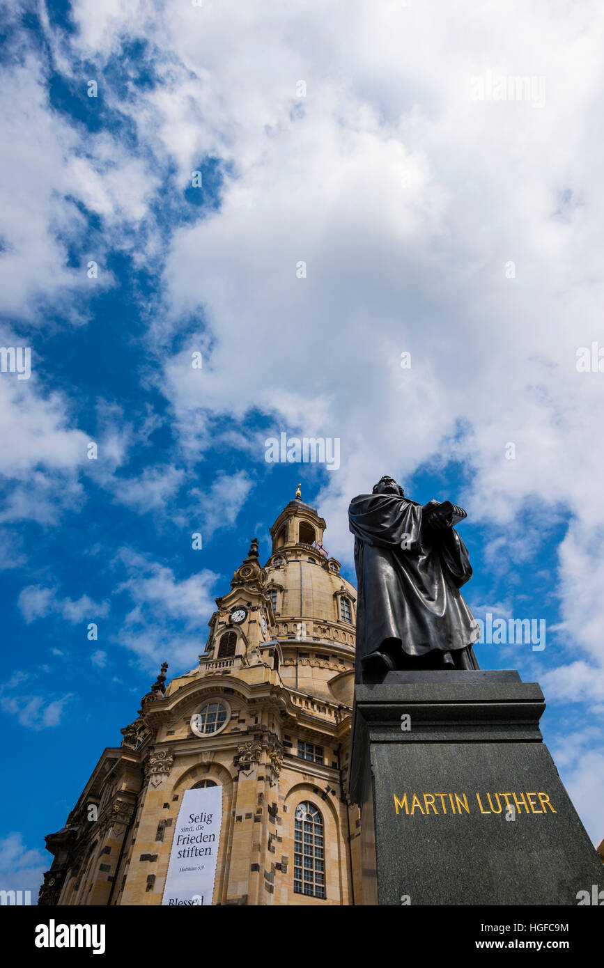 Martin Luther statue and Dresden Frauenkirche, Stock Photo