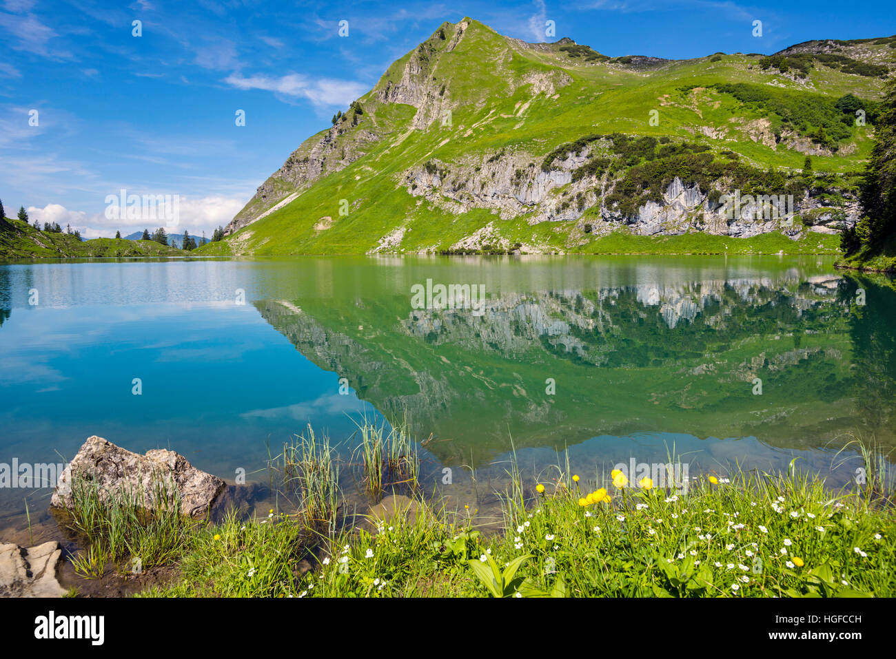Seealpsee lake with Seeköpfel mountain, Bavaria Stock Photo