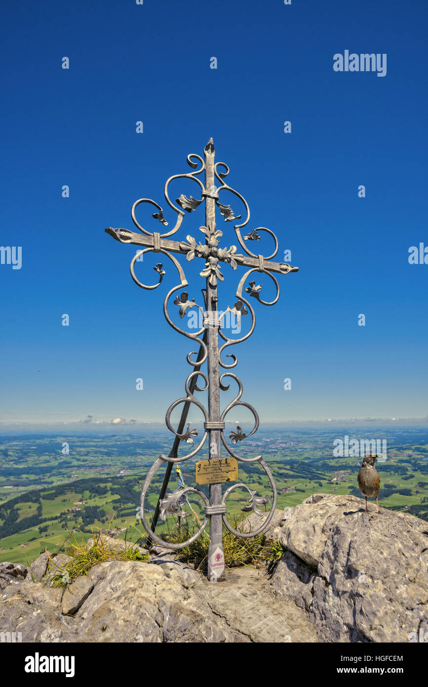 Panorama of the the Illertal valley and summit cross in theAllgäu, Bavaria Stock Photo