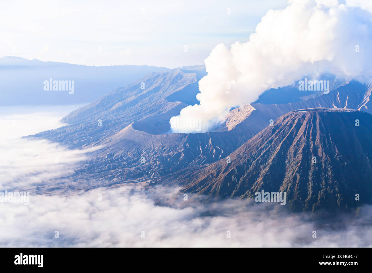 beautiful landscape of Bromo volcano at sunrise, aerial panoramic view,  Java, Indonesia Stock Photo