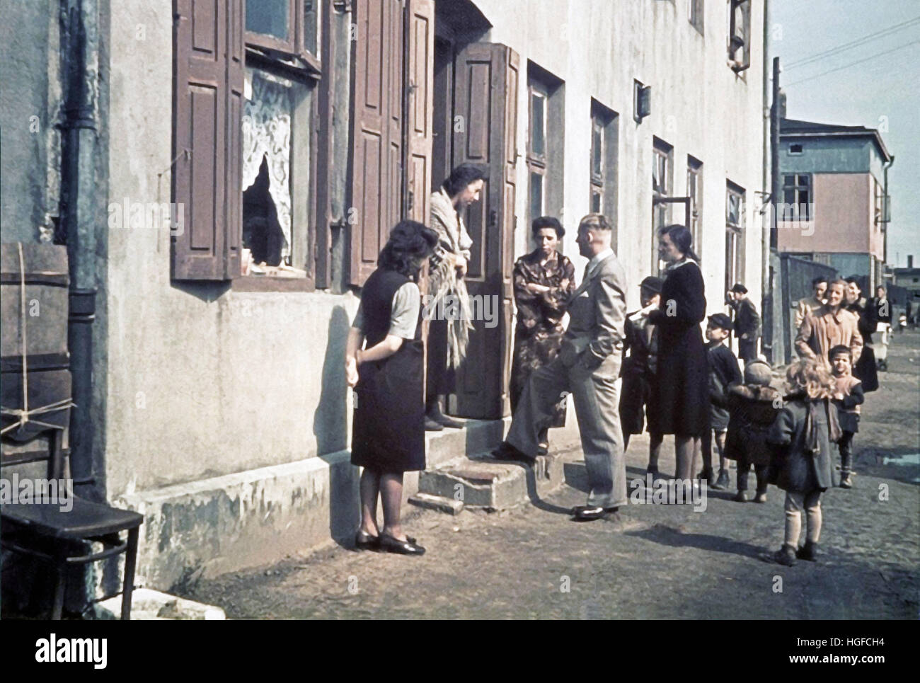 Ghetto Lodz, Litzmannstadt, Hans Biebow, chief of German Nazi administration of the Lodz Ghetto is talking with residents, Poland 1940, World War II, Stock Photo