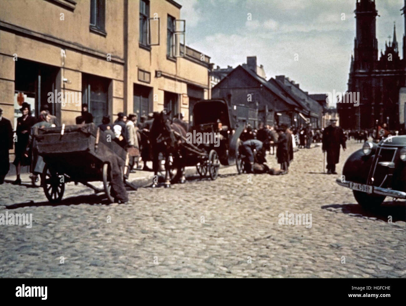 Ghetto Lodz, Litzmannstadt, A street in the old town and the Church of the Assumption of Our Blessed Mary, Poland 1940, World War II, Stock Photo