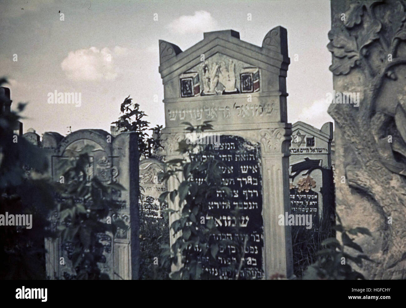 Ghetto Lodz, Litzmannstadt, Gravestones in the old Jewish cemetary on Wesola Street (Lustige Gasse), Poland 1940, World War II, Stock Photo