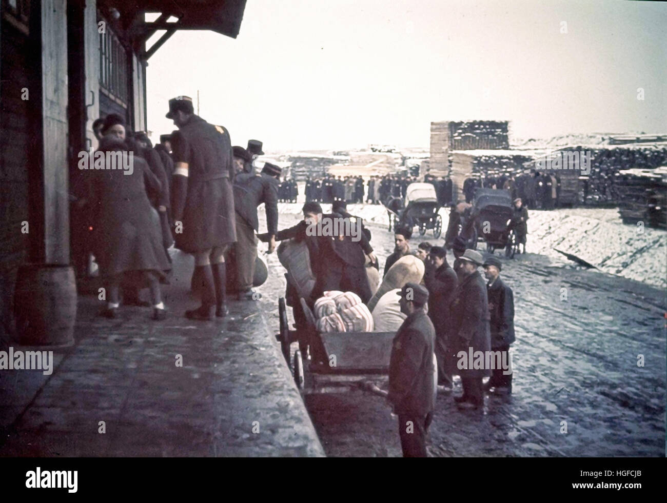 Ghetto Lodz, Litzmannstadt, Jews with hand-carts transporting their belongings, Poland 1942, World War II, Stock Photo