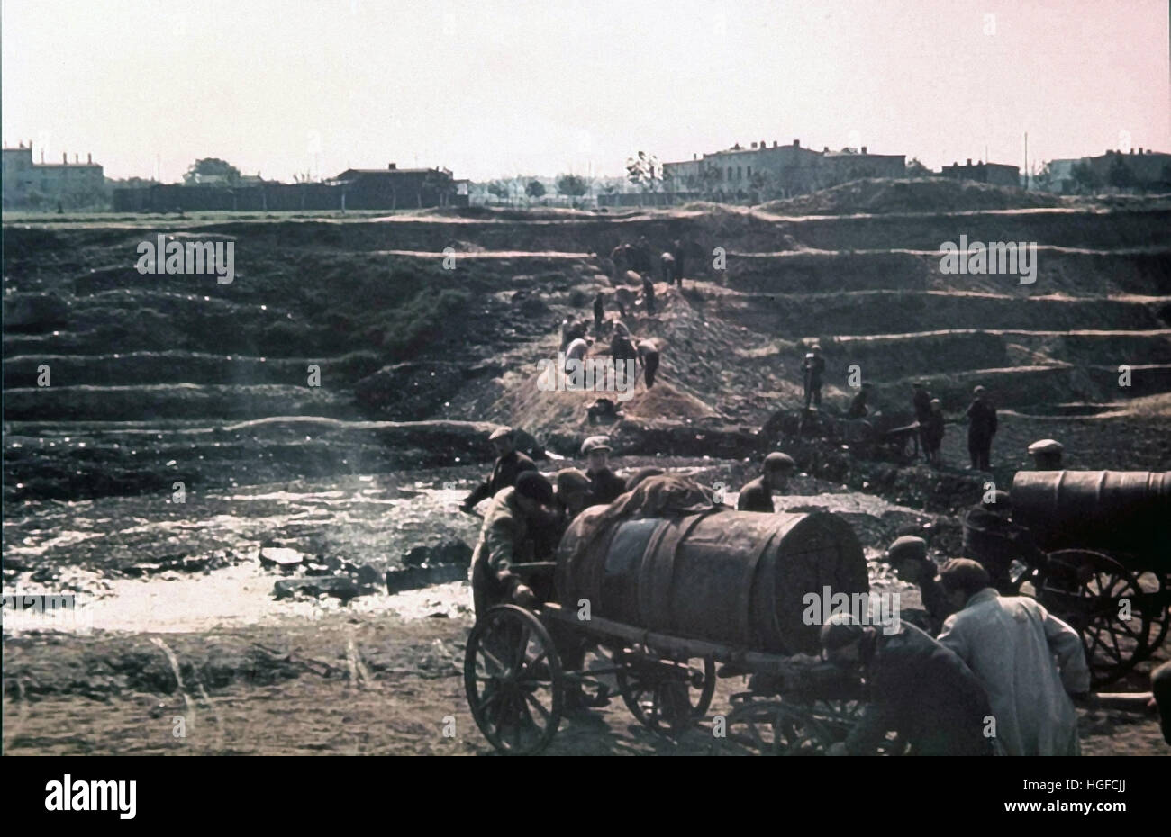 Ghetto Lodz, Litzmannstadt, Sewer workers emptying the sewer carts, Poland 1942, World War II, Stock Photo