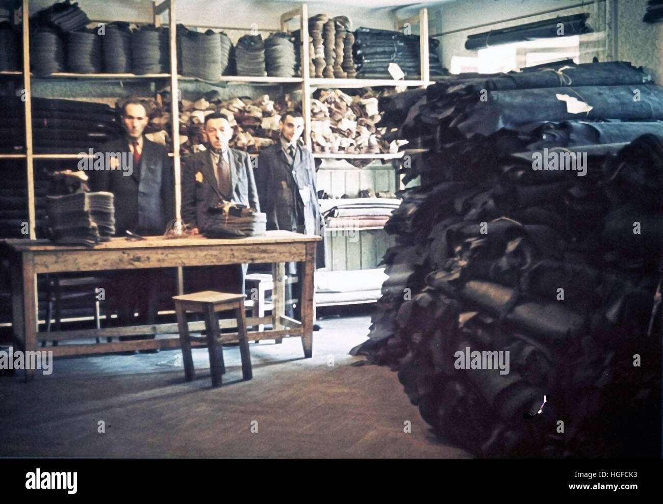 Ghetto Lodz, Litzmannstadt, Material warehouse in the shoemaking workshop, Poland 1940, World War II, Stock Photo