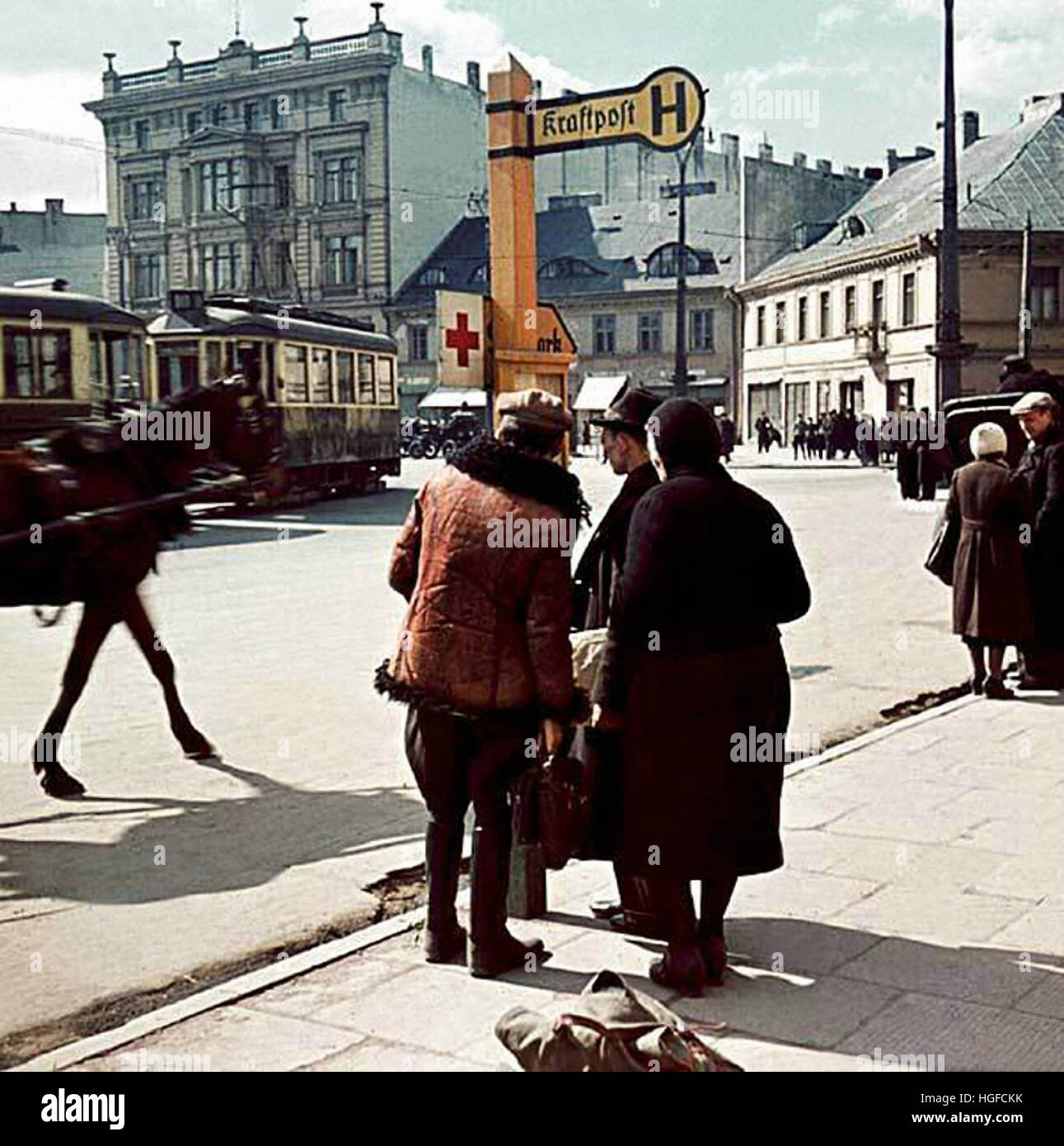 Ghetto Lodz, Litzmannstadt, People at a bus stop (Kraftpost), Poland 1942, World War II, Stock Photo