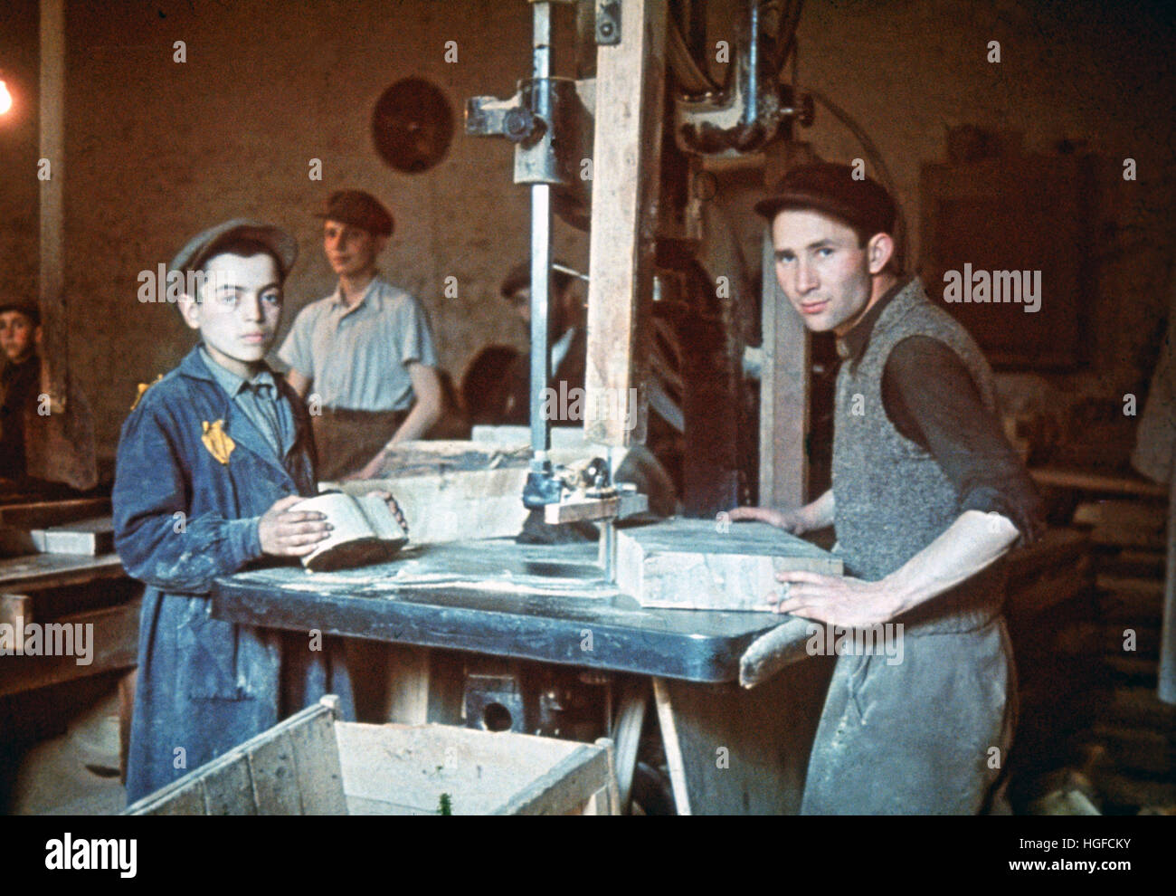Ghetto Lodz, Litzmannstadt, Young Jewish workers in the joinery of the ghetto, Poland 1942, World War II, Stock Photo