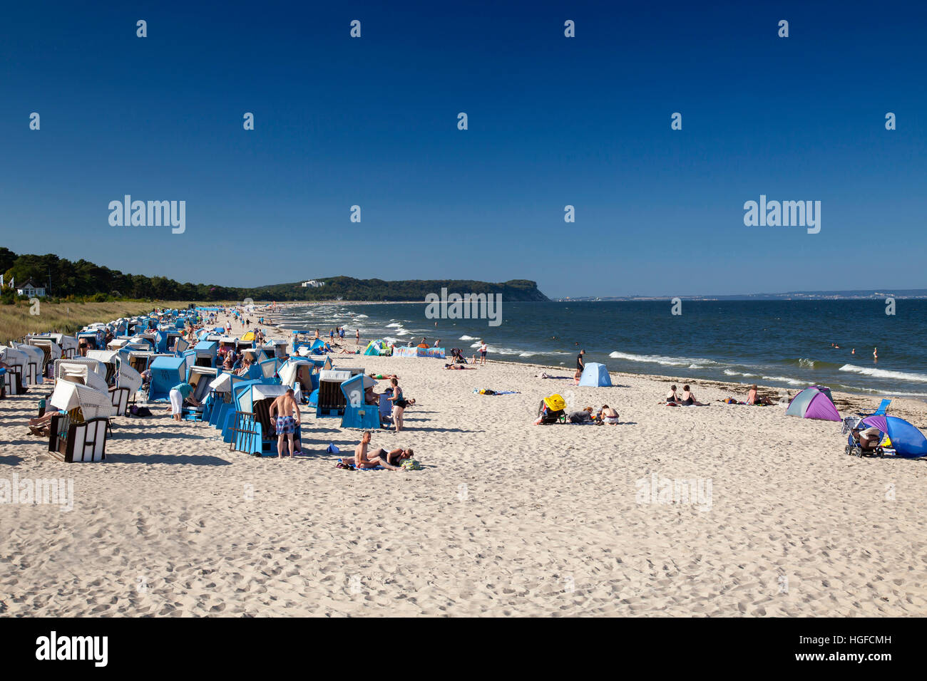 Beach with beach baskets, Baltic sea spa, Göhren, Rugen, Mecklenburg-West Pomerania Stock Photo
