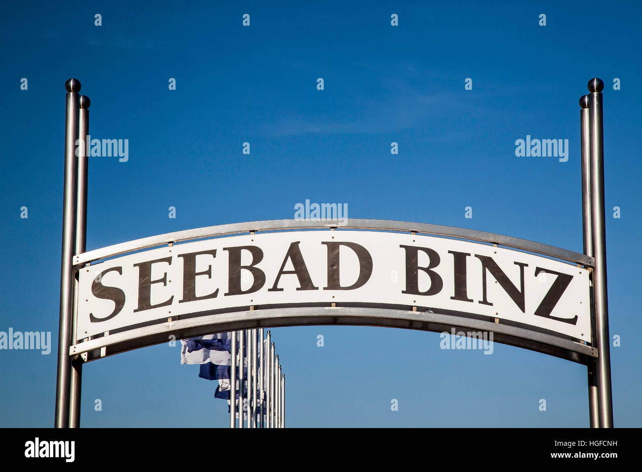 Writing on sign on the Pier, sea spa Binz, Rugen Stock Photo
