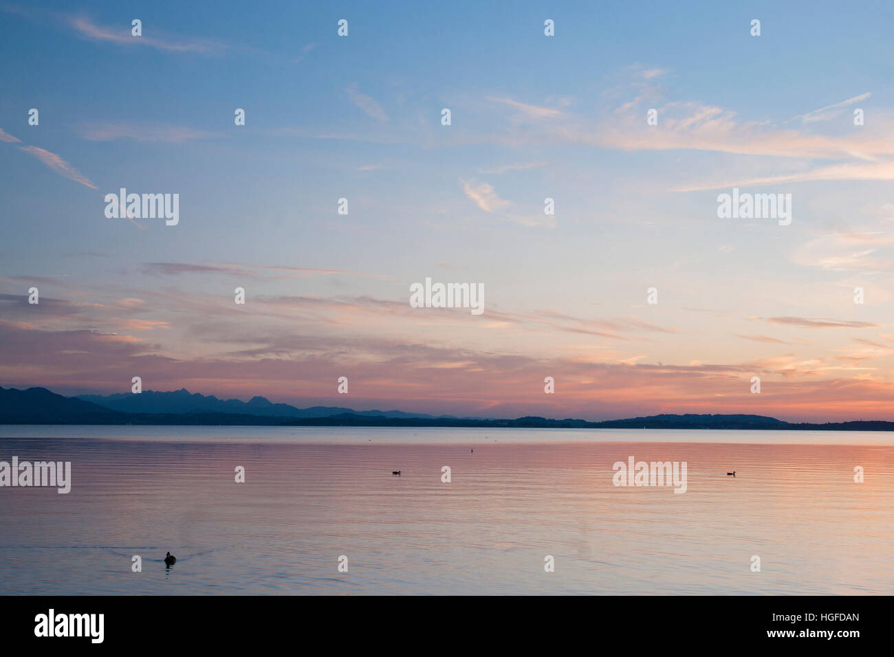 Sundown over the Chiemsee  with Chieming Stock Photo