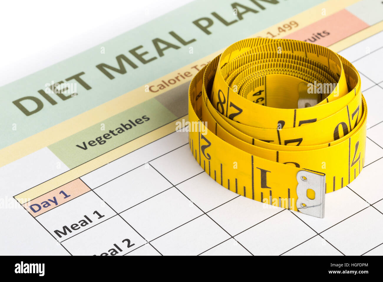 measurement tape on diet meal planner sheet dieting or weight loss