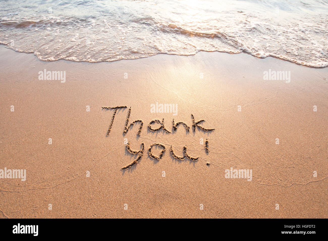 thank you, gratitude concept, beautiful card, word written on sand beach Stock Photo