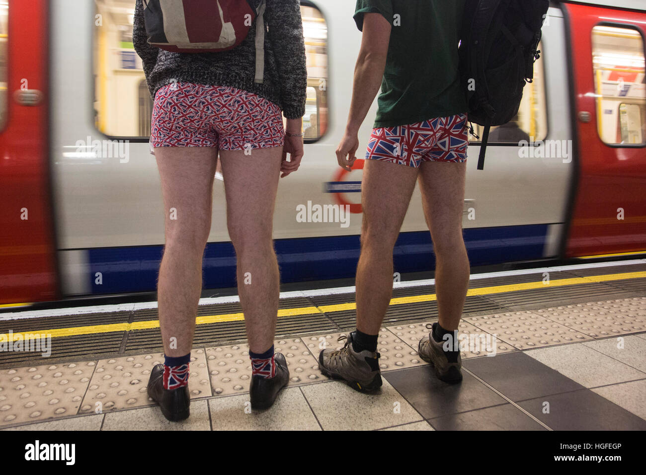 Over 100 Londoners took part the in 2017 No Trousers Tube Ride on the London Underground. This annual event, the 8th, originated in New York as the No Pants Subway Ride. Participants travelled in their underpants. This year a Mannequin Challenge was included which took part on the concourse of King's Cross Station. Stock Photo