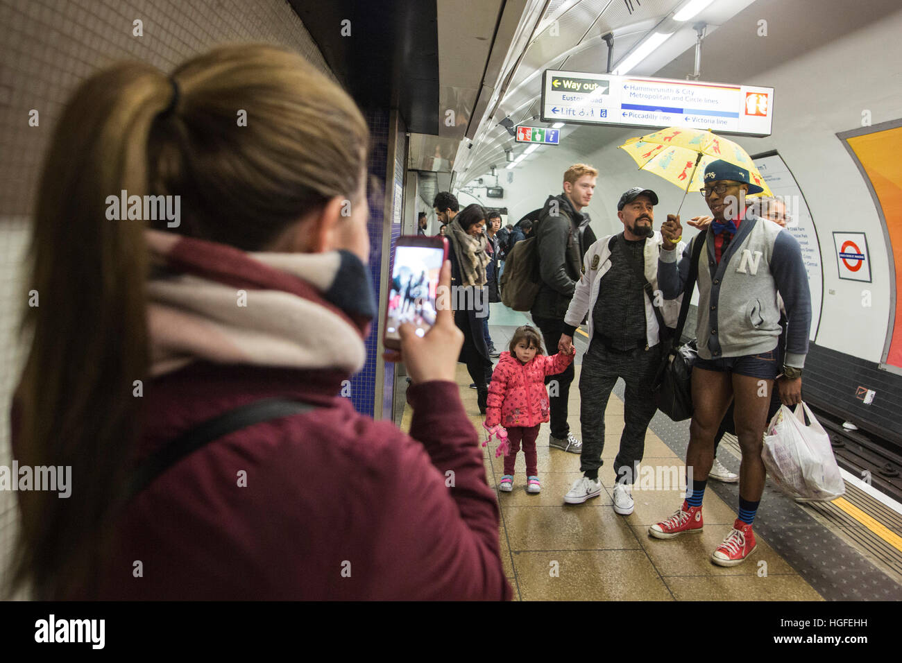 Over 100 Londoners took part the in 2017 No Trousers Tube Ride on the London Underground. This annual event, the 8th, originated in New York as the No Pants Subway Ride. Participants travelled in their underpants. This year a Mannequin Challenge was included which took part on the concourse of King's Cross Station. Stock Photo