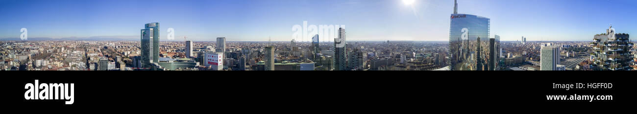 Aerial view of 360 degrees of the center of Milan, Vertical Forest, Unicredit Tower, Solaria Tower, Milan, Italy Stock Photo