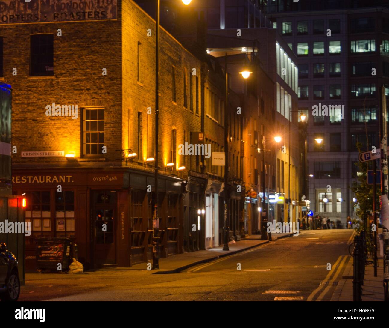 Brushfield Street near Spitalfields Market, London at night. Stock Photo