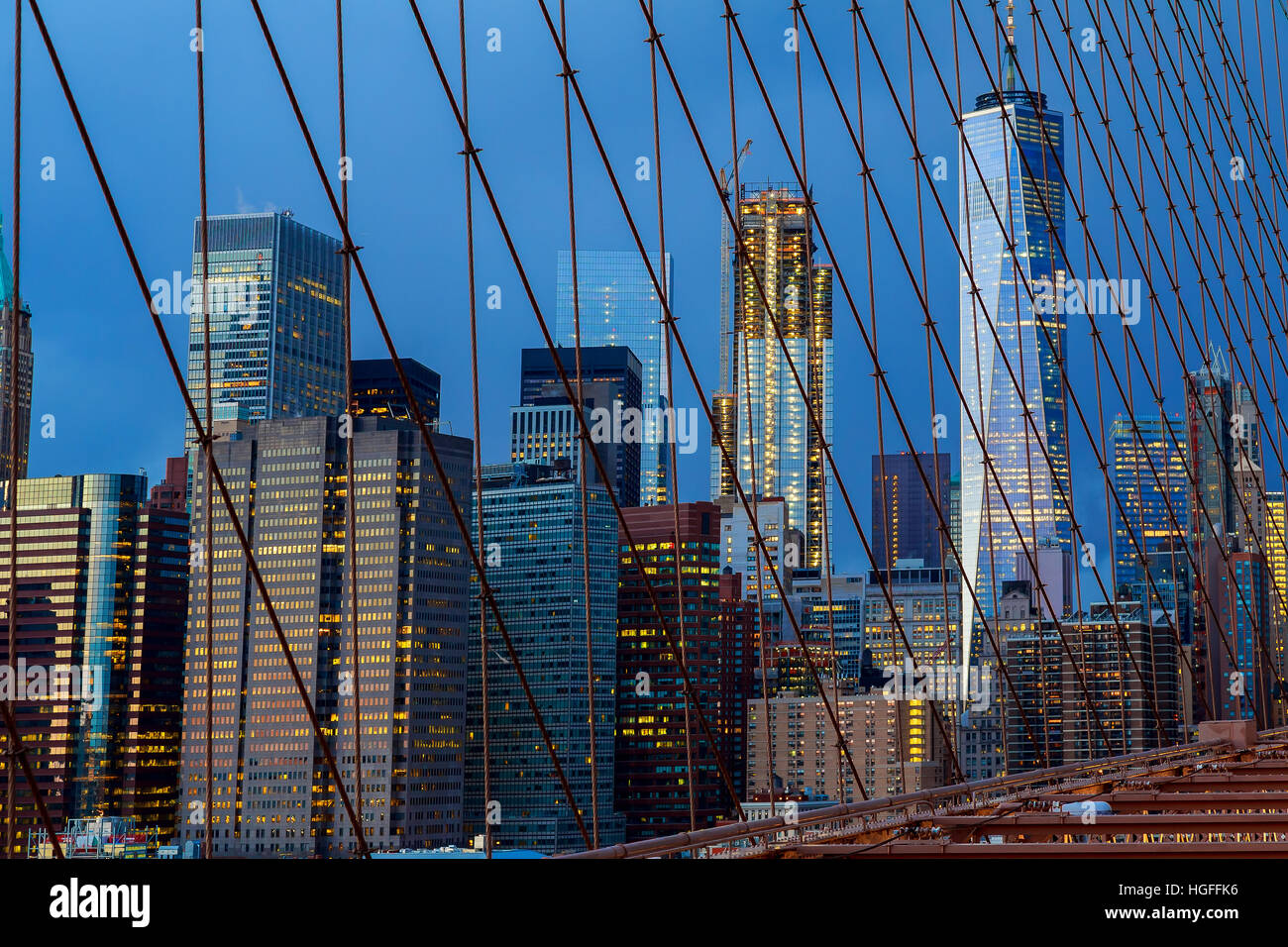 New York City Manhattan downtown skyline at night with skyscrapers ...
