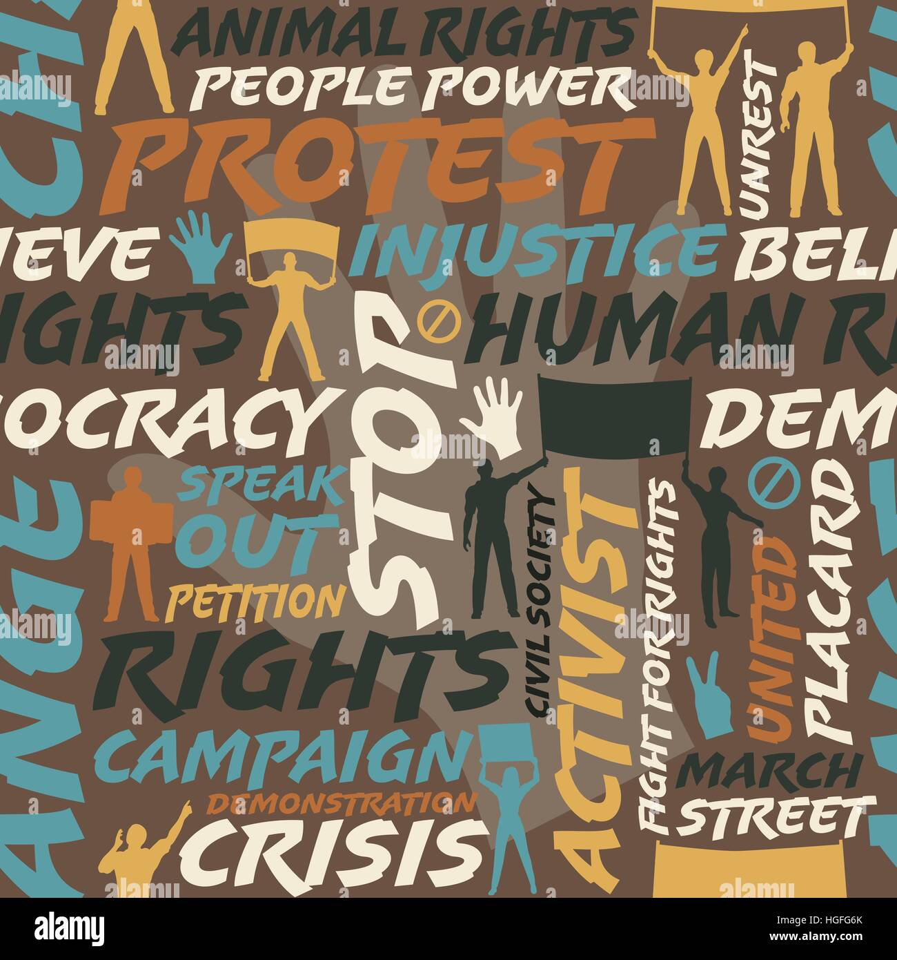 Vector seamless tile of people and words related to protesting Stock Vector