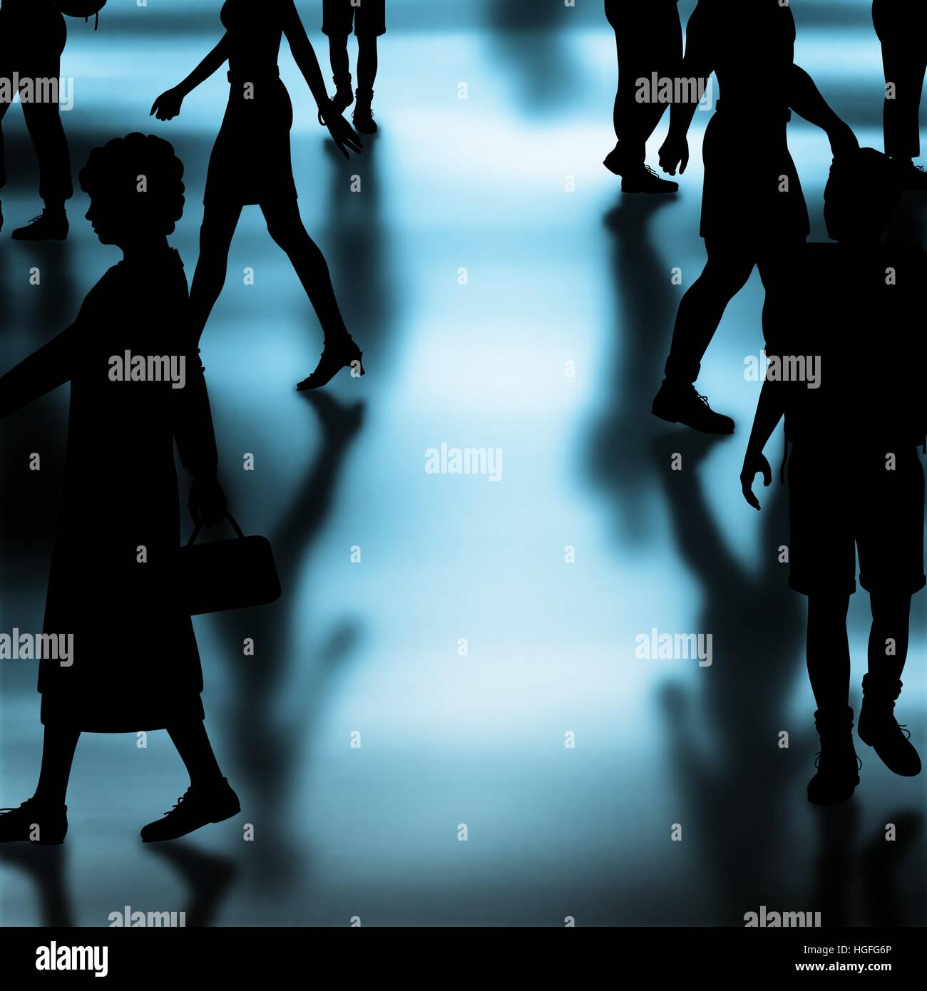 Editable vector silhouettes of people walking in a crowded hall with shadows made using a gradient mesh Stock Vector