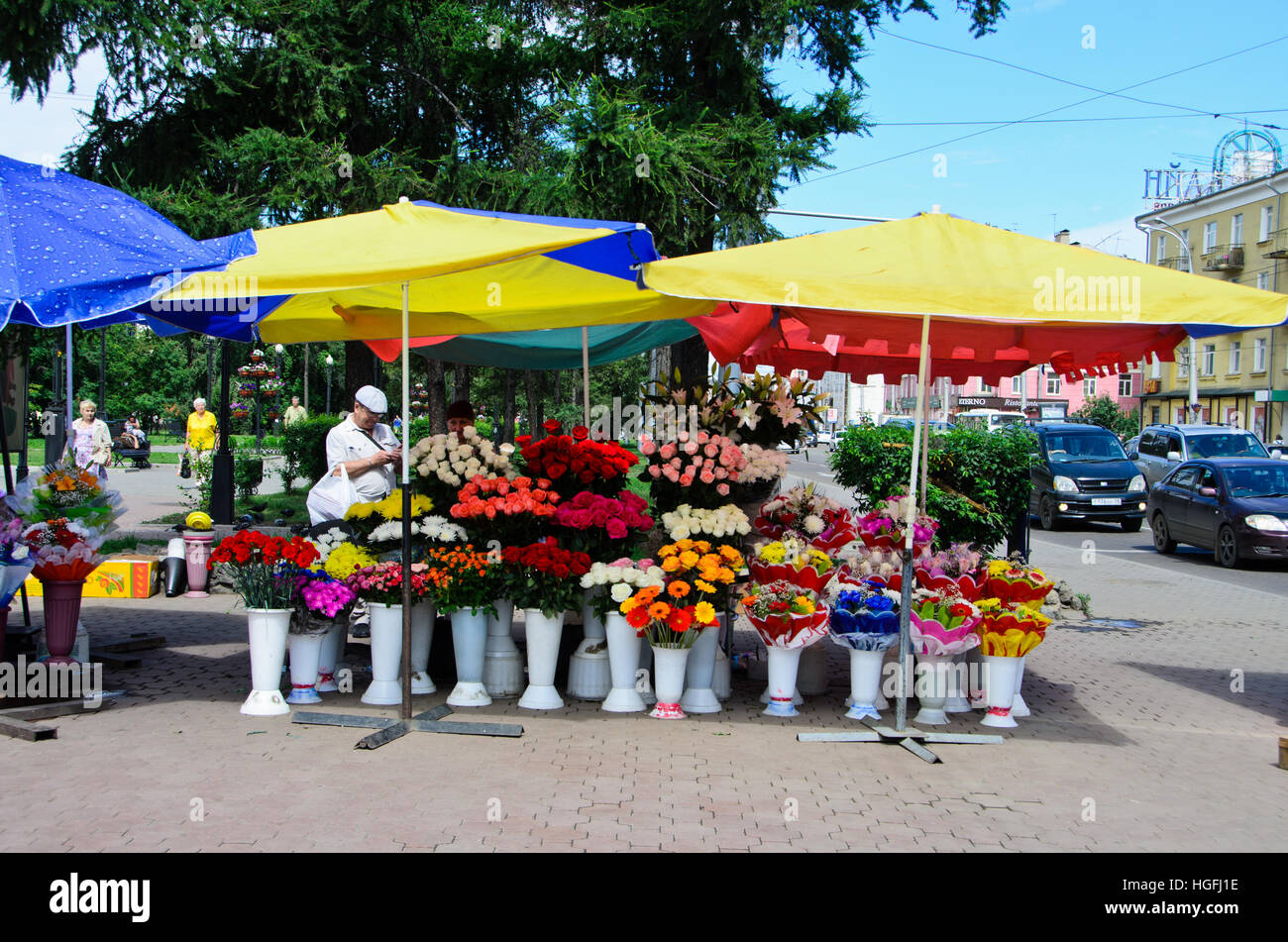 Flower stall on the road in the city of Irkutsk Stock Photo