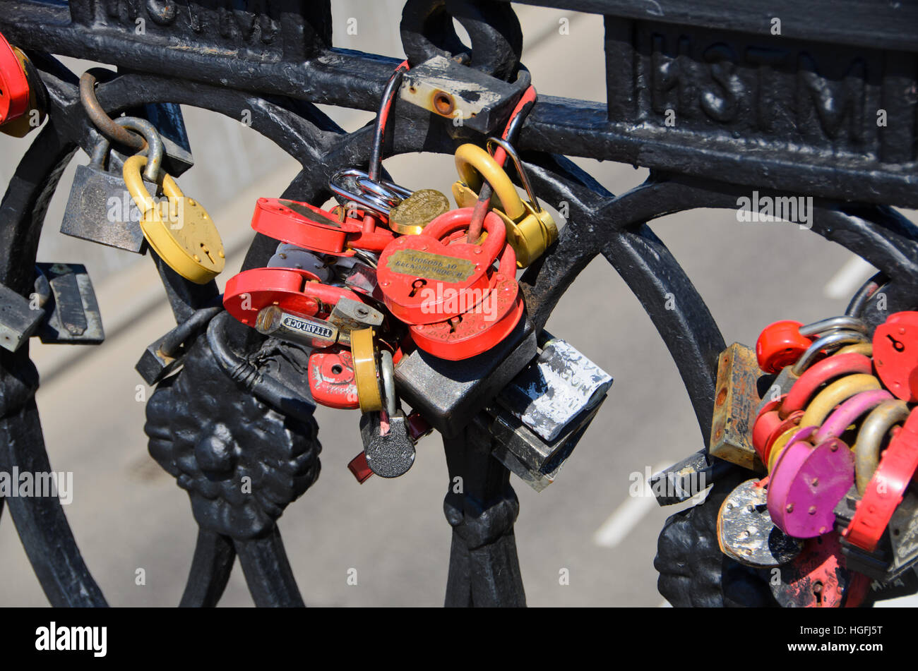 Padlocks for forever love on the fence near Angara River Stock Photo