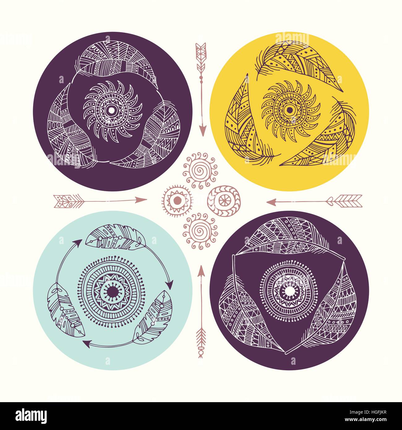 Hand drawn boho style frames. Arrow and feather art vector illustration ...