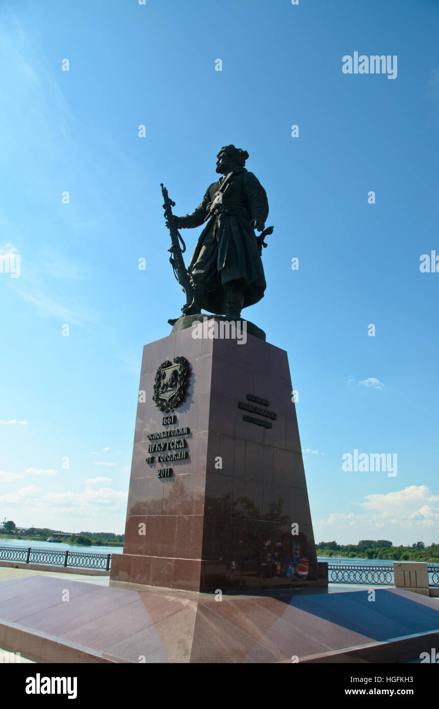 The monument to the Cossack explorers at the bank of Angara River Stock Photo