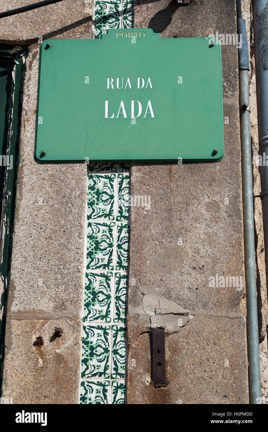 Porto, Portugal, Europe: ceramic tiles and the sign of Rua da Lada, Lada Street, one of the most central streets in the Old City, near the port Stock Photo