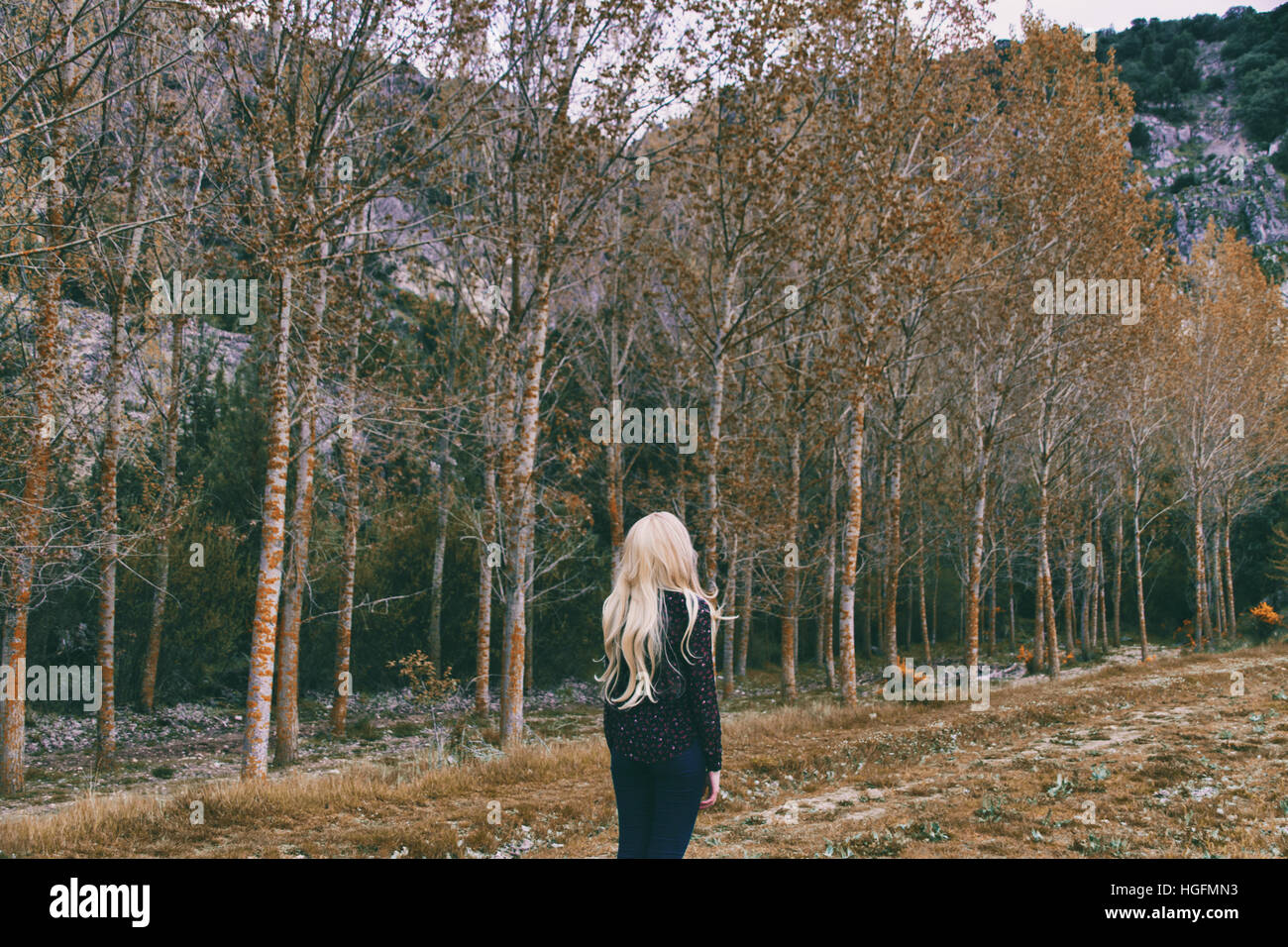 Young woman alone in a forest in autumn back at camera Stock Photo - Alamy