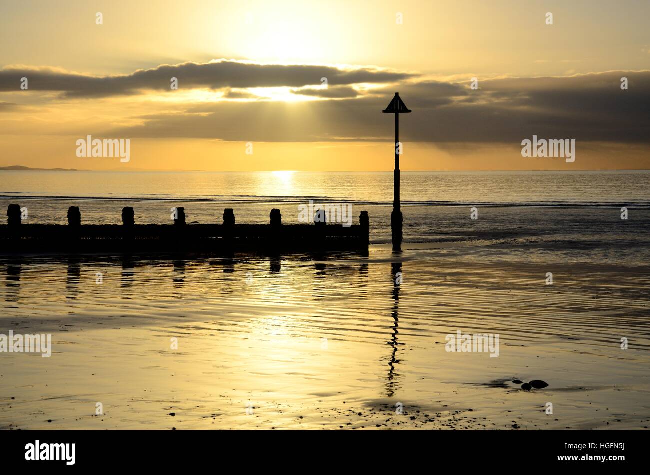 Golden sunset over Borth Beach Ceredigion Wales Cymry GK GB Stock Photo