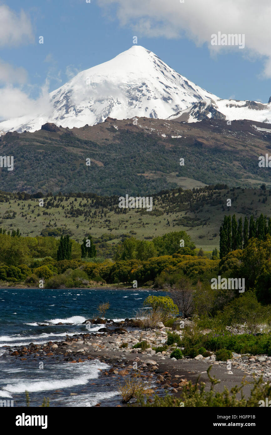 Volcan Lanin and Lago Huechulafquen, Lanin National Park, near Junin de los Andes, The Lake District, Argentina, South America Stock Photo