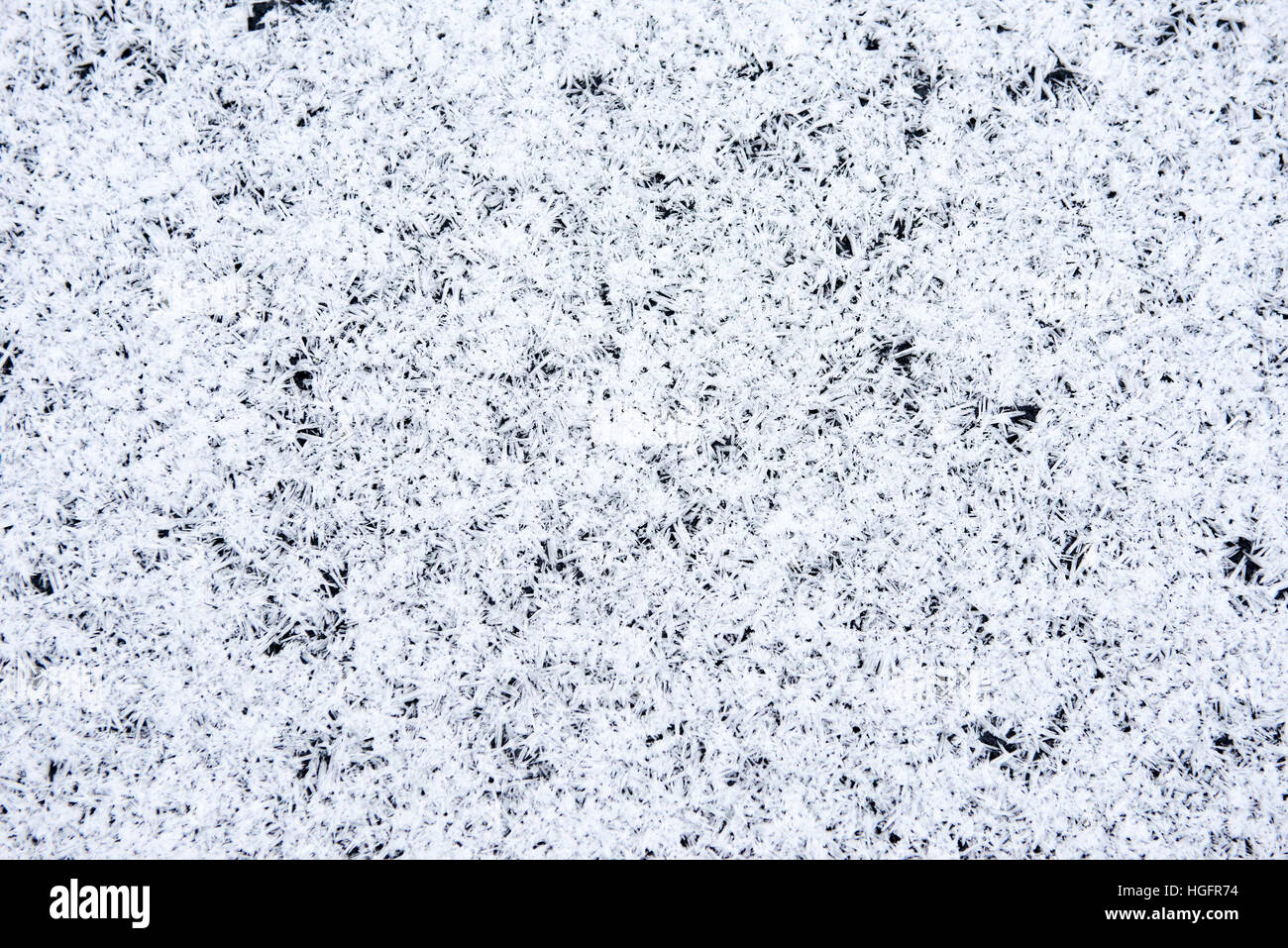 Ice and snow formed over the frozen water surface on the pond in winter ...