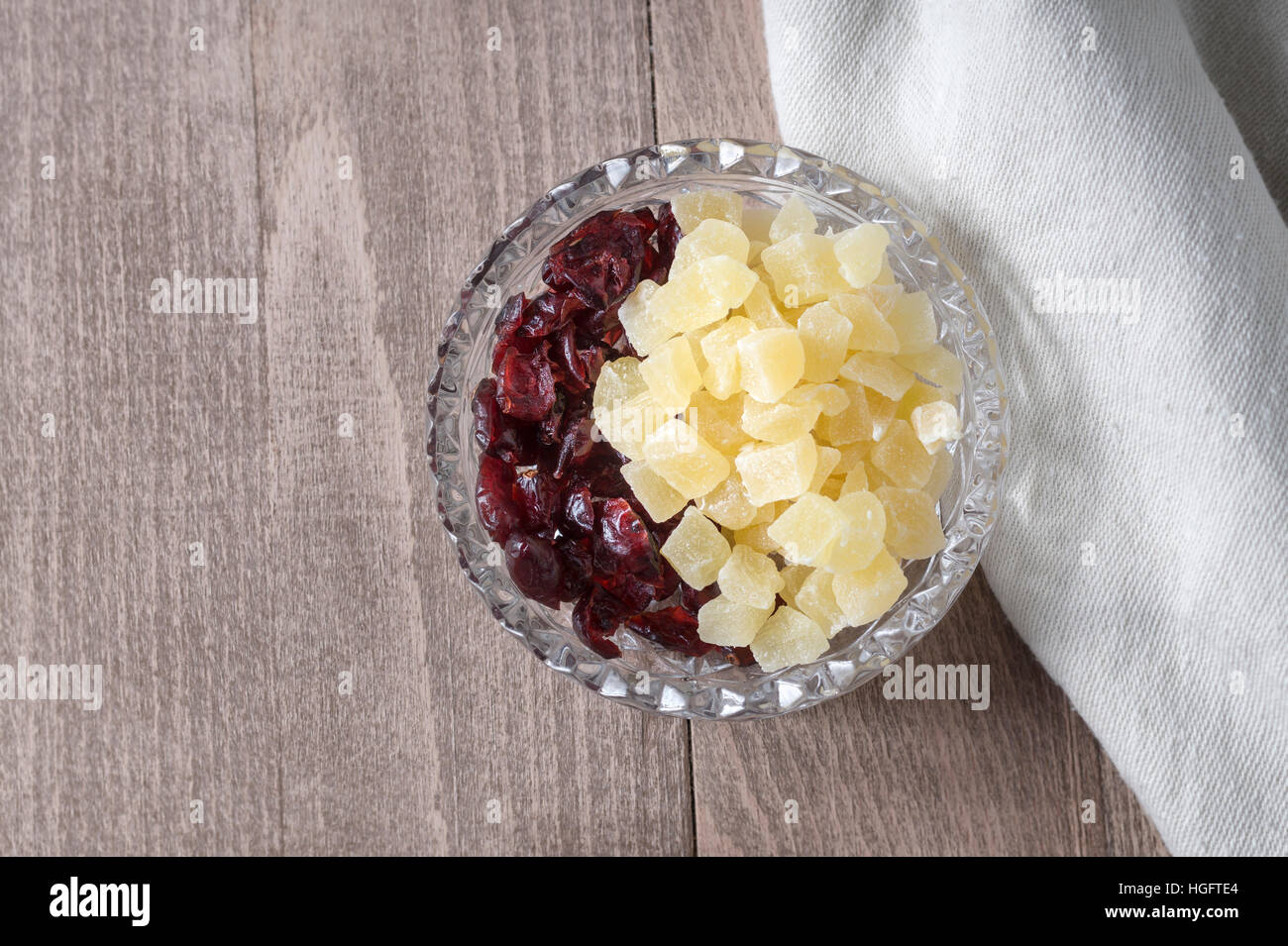 Dried fruits in crystal bowl.From above Stock Photo