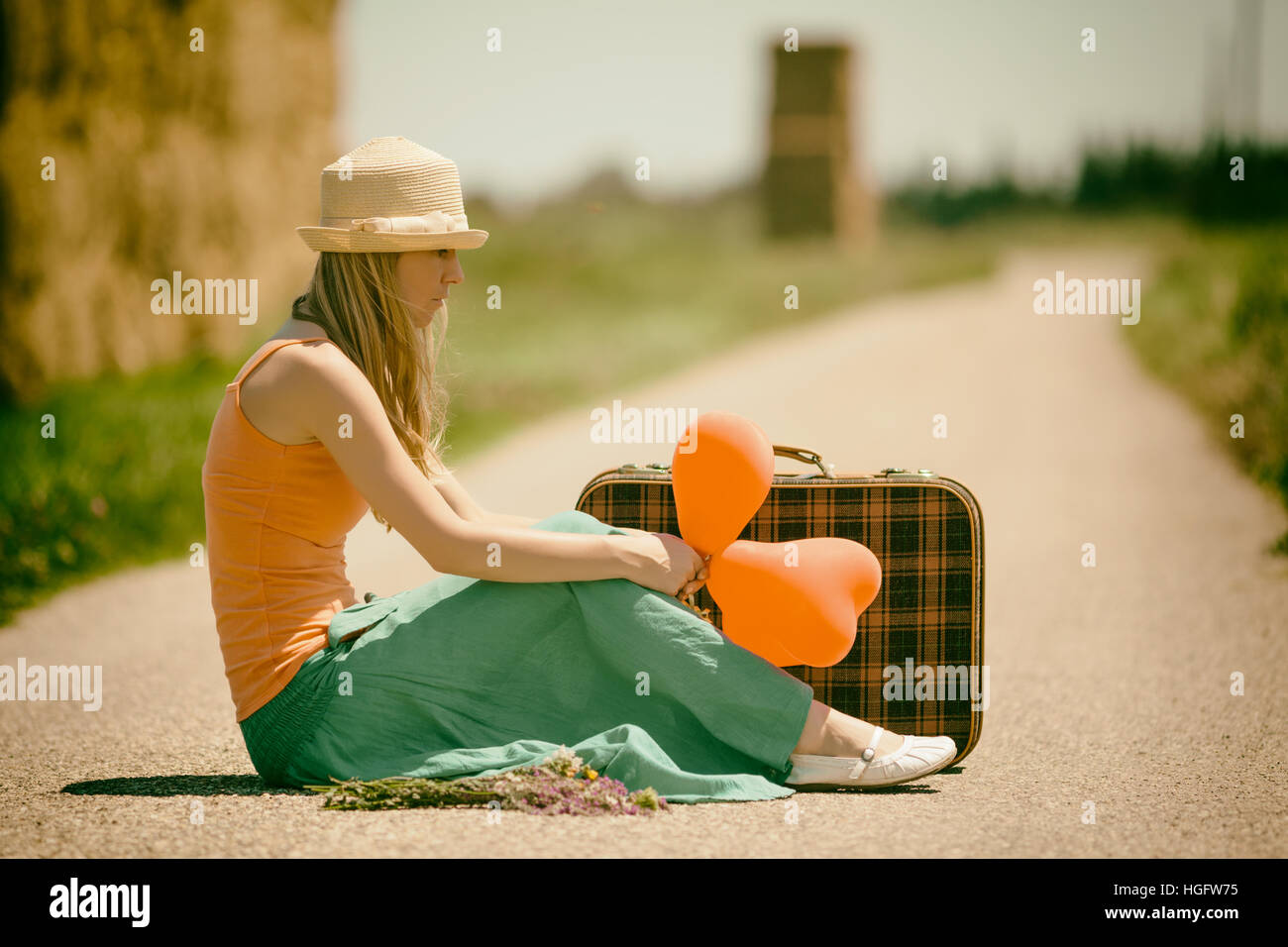 Young woman is traveling alone. Stock Photo