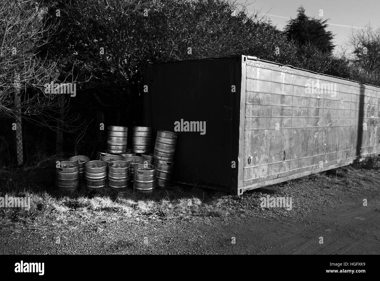 Kegs and containers,Tow Law AFC, Ironworks Road Stock Photo