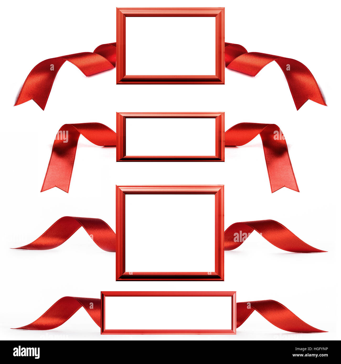 Red wooden picture frame with copy space and satin ribbon set isolated on white background Stock