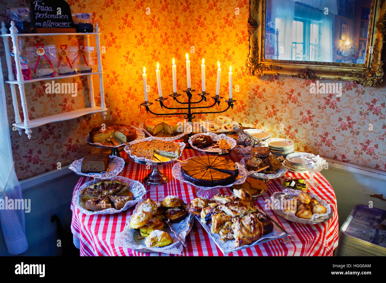 Cake and pastry selection in a cafeteria in Skansen open air museum in Stockholm, Sweden Stock Photo