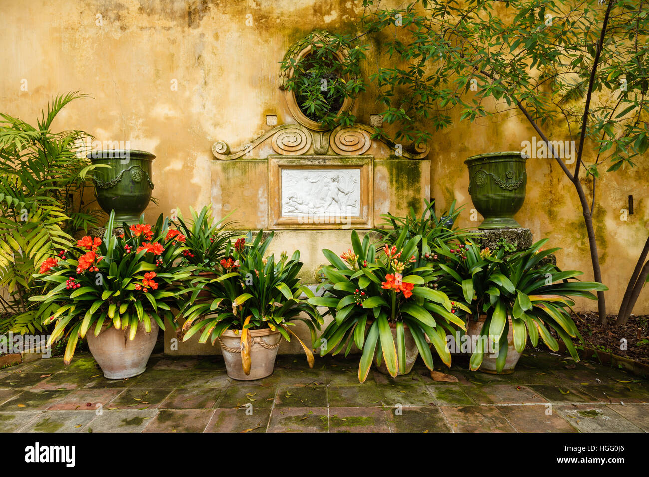 France, Menton, jardin Serre de la Madone : fountain with pots of Clivia miniata Stock Photo