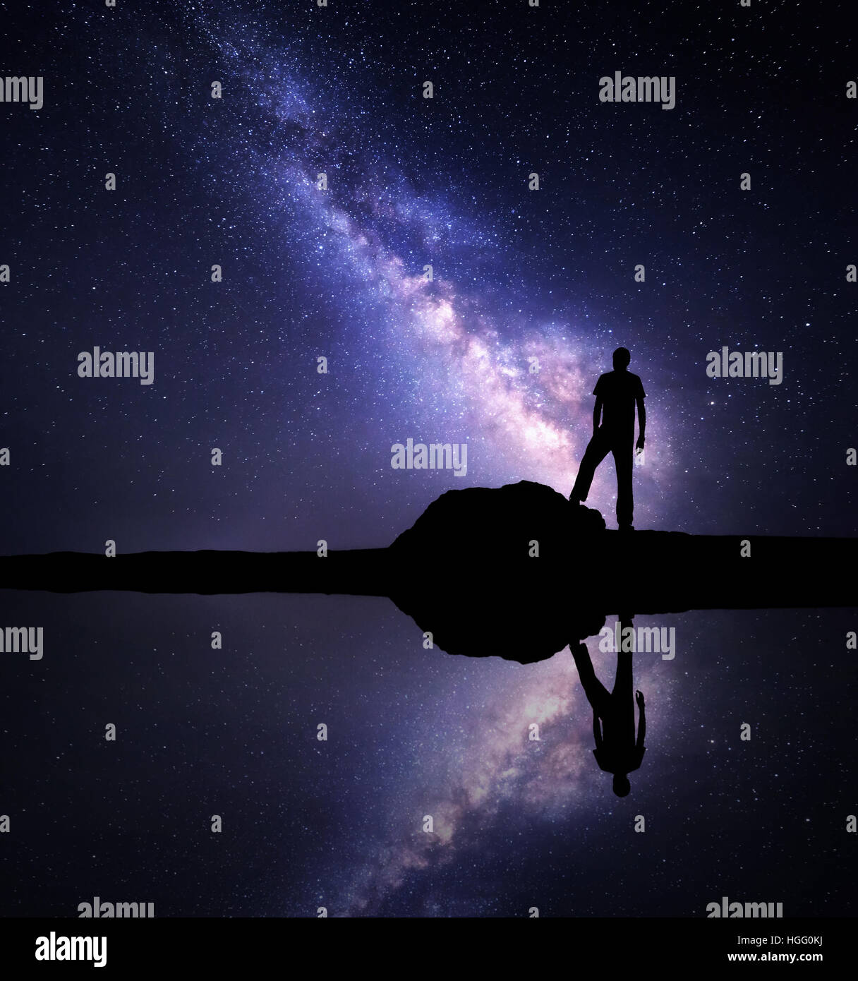 Milky Way. Night starry sky and silhouette of a standing alone man on ...