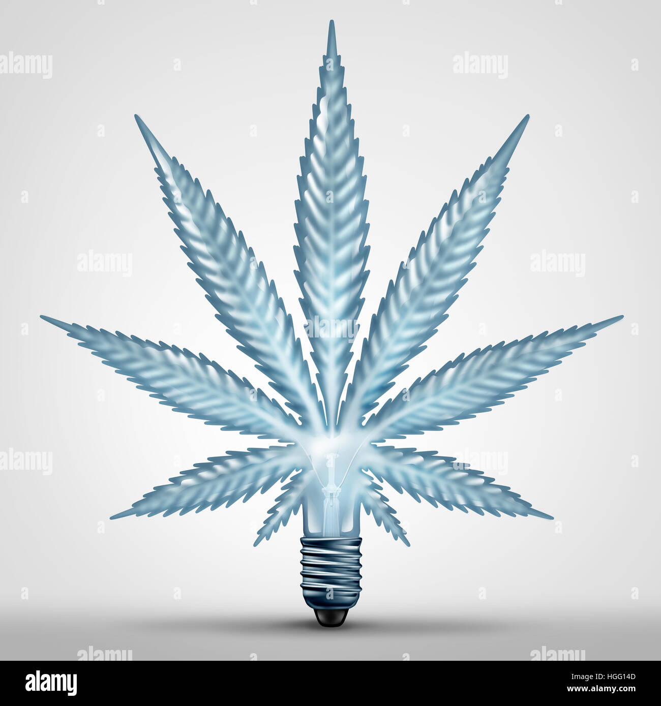 Marijuana idea concept and medical cannabis solution symbol as a light bulb shaped as an illuminated weed leaf as a recreational drug legalization and Stock Photo