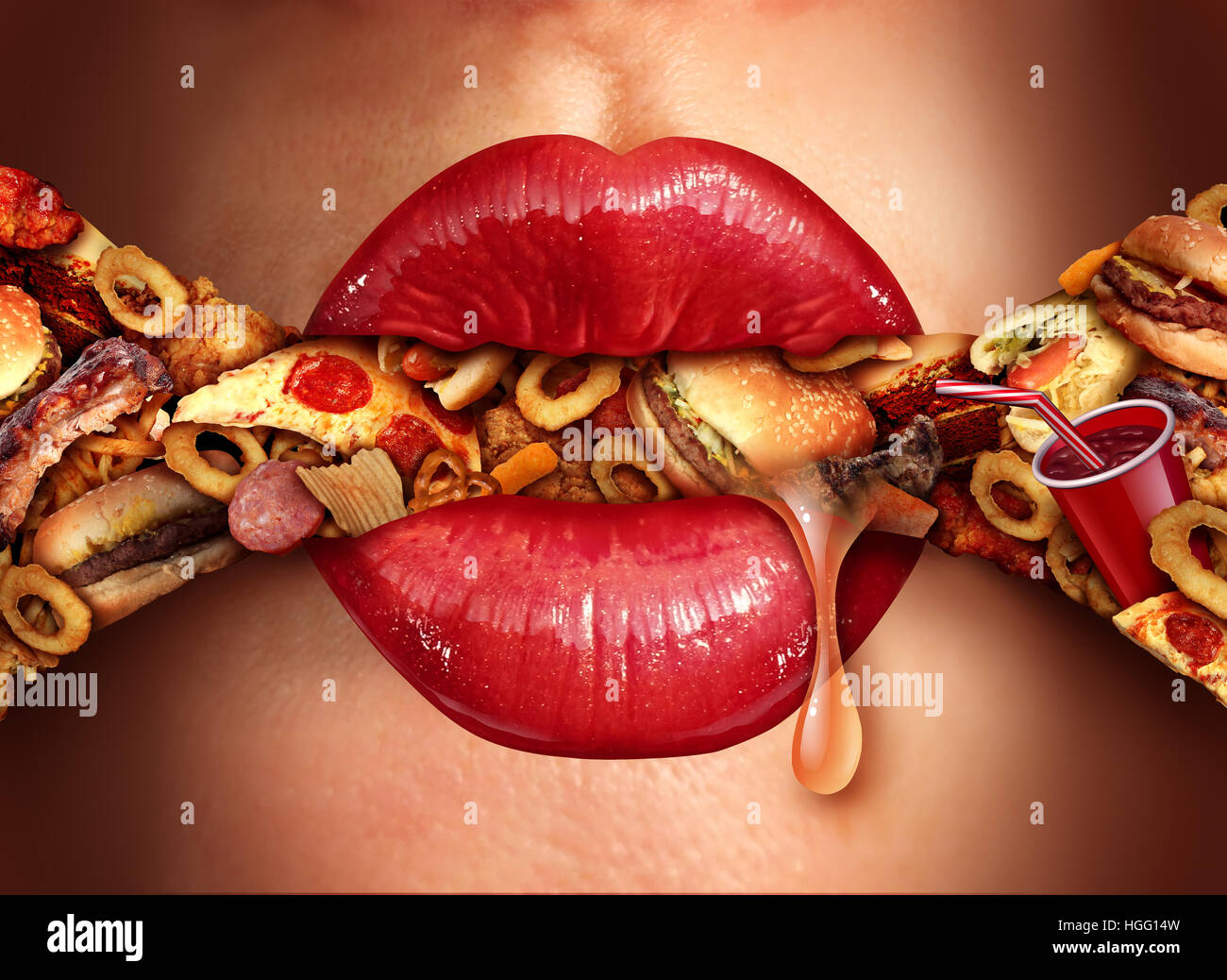 Eating addiction concept consuming junk food as a nutrition and dietary health problem concept as red lips on on an excessive huge group of unhealthy Stock Photo