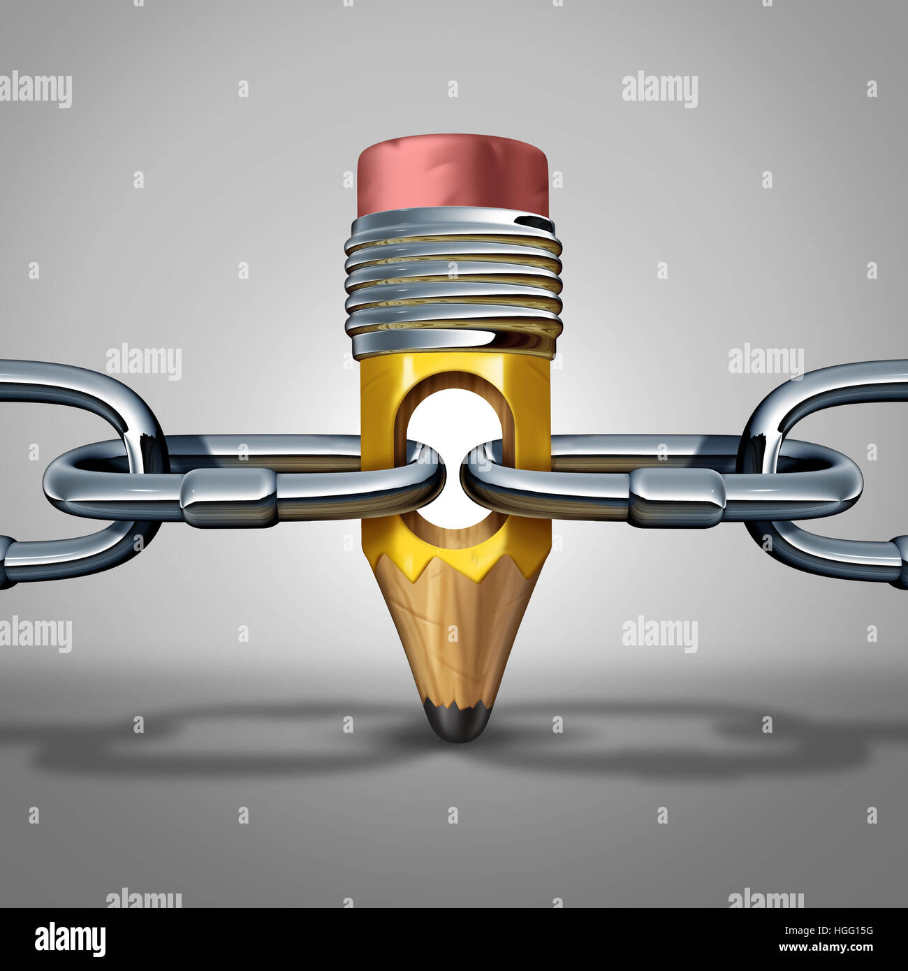 Education chain link and learning connection concept as a pencil shaped as a linking object as a strong creativity icon or restriction symbol as a 3D Stock Photo