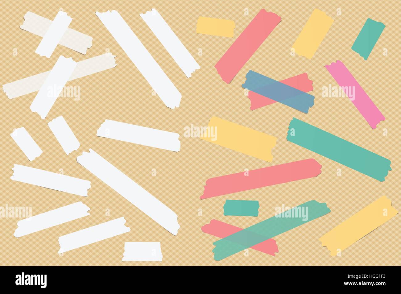 Colorful different size sticky paper, adhesive, masking tape are on squared background Stock