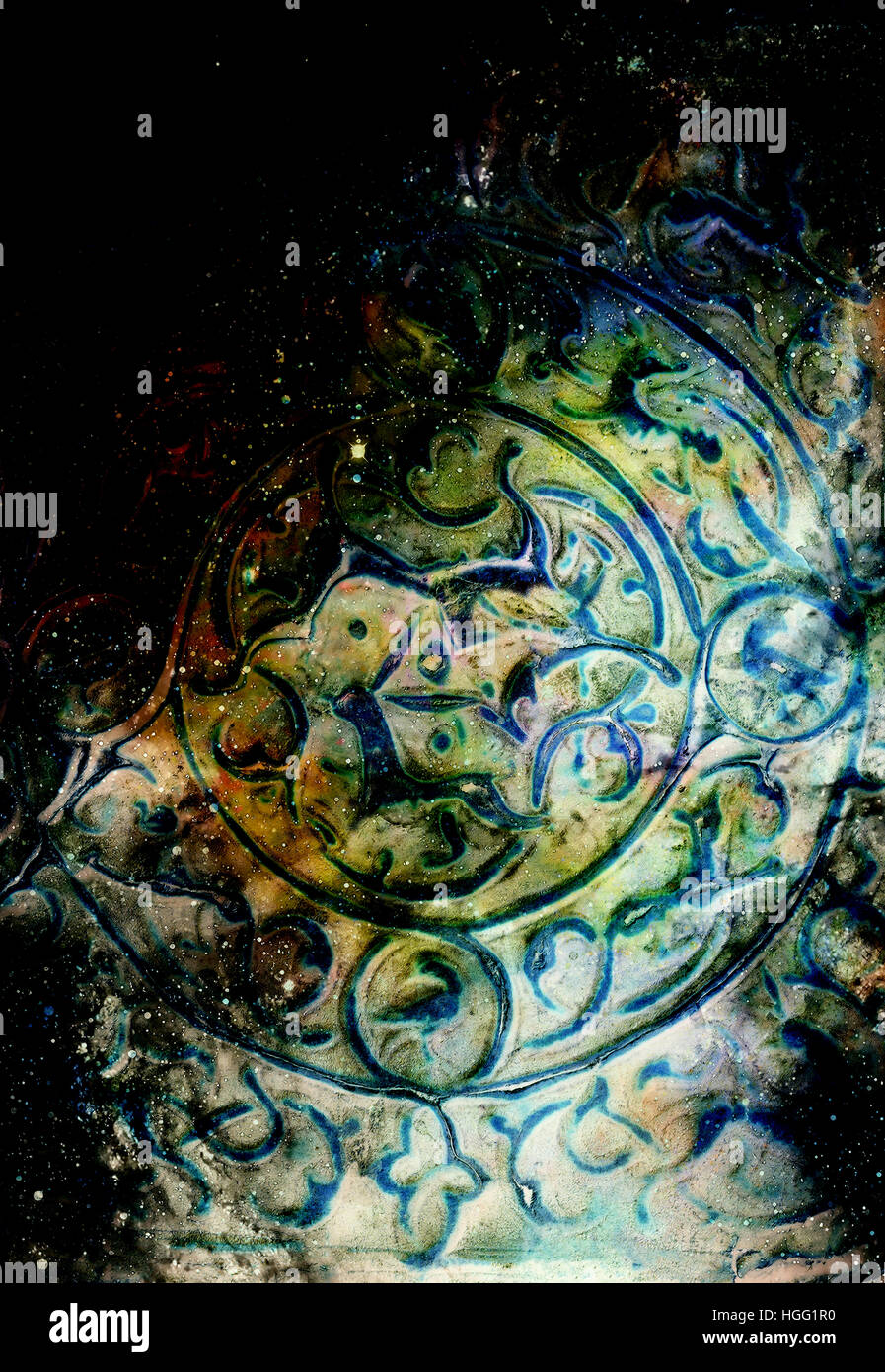 filigrane ornamental structure on abstract cosmic background, collage ...
